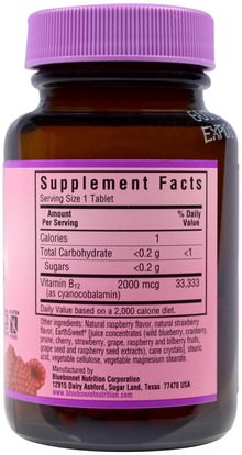 الفيتامينات، فيتامين b12 Bluebonnet Nutrition, EarthSweet Chewables, Vitamin B12, Natural Raspberry Flavor, 2,000 mcg, 90 Chewable Tablets
