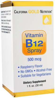 الفيتامينات، فيتامين b12 California Gold Nutrition, CGN, Vitamin B12 Spray, Alcohol Free, Raspberry, 500 mcg, 1 fl oz (30 ml)