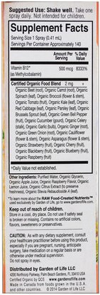 الفيتامينات، فيتامين b12 Garden of Life, MyKind Organics, B-12 Organic Spray, Raspberry, 2 oz (58 ml)
