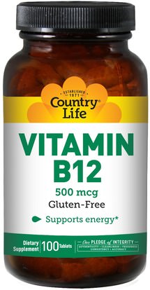 الفيتامينات، فيتامين b12، فيتامين b12 - سيانوكوبالامين Country Life, Vitamin B12, 500 mcg, 100 Tablets