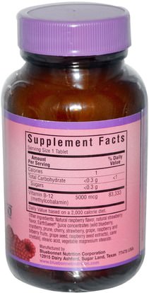 الفيتامينات، فيتامين b12، فيتامين b12 - ميثيلكوبالامين Bluebonnet Nutrition, EarthSweet, Methylcobalamin, Vitamin B-12, Natural Raspberry Flavor, 5000 mcg, 60 Chewable Tablets