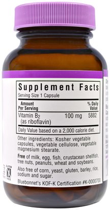 الفيتامينات، فيتامين b2 - الريبوفلافين Bluebonnet Nutrition, Vitamin B2, 100 mg, 100 Veggie Caps