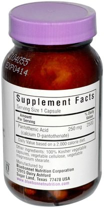 الفيتامينات، فيتامين b5 - حمض البانتوثنيك Bluebonnet Nutrition, Pantothenic Acid, 250 mg, 60 Vcaps