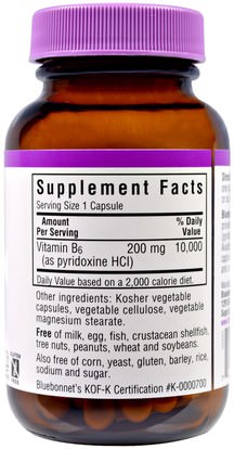 الفيتامينات، فيتامين b6 - البيريدوكسين Bluebonnet Nutrition, Vitamin B-6, 200 mg, 90 Veggie Caps