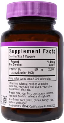 الفيتامينات، فيتامين b6 - البيريدوكسين Bluebonnet Nutrition, Vitamin B-6, 50 mg, 90 Veggie Caps