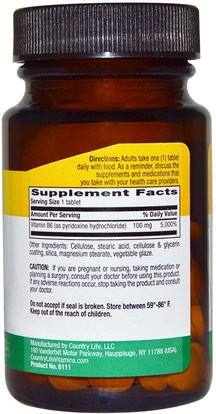 الفيتامينات، فيتامين b6 - البيريدوكسين Country Life, Vitamin B6, 100 mg, 100 Tablets