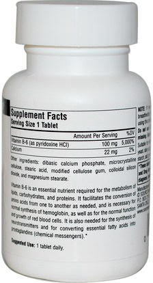الفيتامينات، فيتامين b6 - البيريدوكسين Source Naturals, Vitamin B-6, 100 mg, 100 Tablets