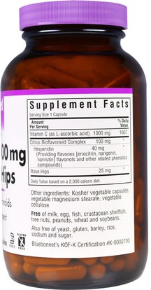 الفيتامينات، فيتامين ج بيوفلافونويدس الورود Bluebonnet Nutrition, Vitamin C - 1000 mg Plus Rose Hips, 180 Veggie Caps