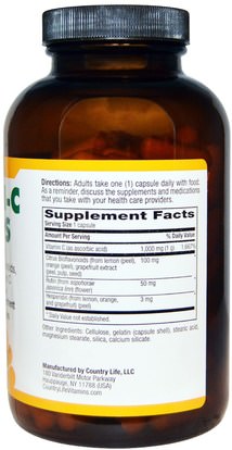 الفيتامينات، فيتامين ج بيوفلافونويدس الورود Country Life, Maxi-C Caps, 1000 mg, 180 Capsules