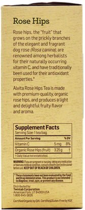 الفيتامينات، فيتامين ج، الوركين الوردية Alvita Teas, Organic, Rose Hips Tea, Caffeine Free, 24 Tea Bags, 2.75 oz (78 g)
