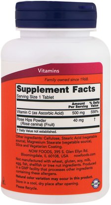 الفيتامينات، فيتامين ج، الوركين الوردية Now Foods, C-500 With Rose Hips, 250 Tablets