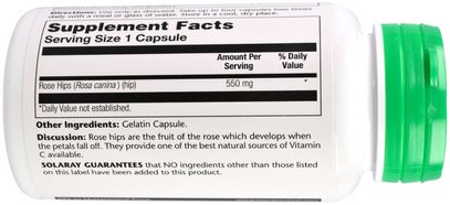 الفيتامينات، فيتامين ج، الوركين الوردية Solaray, Rose Hips, 550 mg, 100 Easy-To-Swallow Capsules