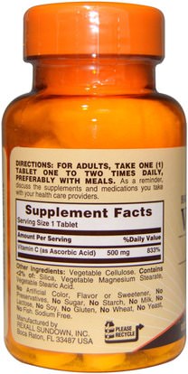 الفيتامينات، وفيتامين ج، وفيتامين ج حمض الاسكوربيك Sundown Naturals, Vitamin C, High Potency, 500 mg, 100 Tablets