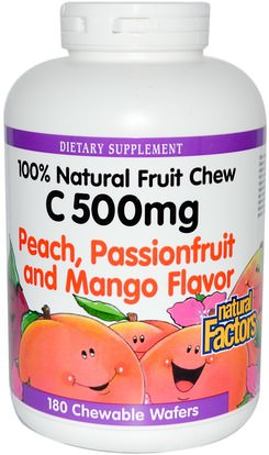 الفيتامينات، فيتامين ج، فيتامين ج مضغ Natural Factors, C 500 mg, Peach, Passionfruit and Mango Flavor, 180 Chewable Wafers