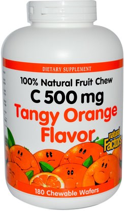 الفيتامينات، فيتامين ج، فيتامين ج مضغ Natural Factors, C 500 mg, Tangy Orange Flavor, 180 Chewable Wafers