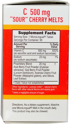 الفيتامينات، فيتامين ج، فيتامين ج مضغ Superior Source, C Sour Cherry Melts, Sugar Free, 500 mg, 90 MicroLingual Instant Dissolve Melts