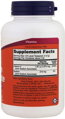 الفيتامينات، فيتامين ج، فيتامين ج مسحوق وبلورات، والمكملات الغذائية والمعادن والصوديوم Now Foods, Sodium Ascorbate, Powder, 8 oz (227 g)