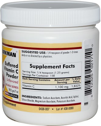 الفيتامينات، وفيتامين ج، وفيتامين ج مسحوق وبلورات، فيتامين ج مخزنة Kirkman Labs, Buffered Vitamin C Powder, Unflavored, 7 oz (198.5 g)
