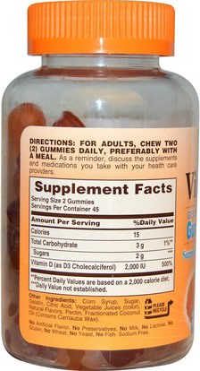المنتجات الحساسة للحرارة، الفيتامينات، فيتامين د غوميس Sundown Naturals, Vitamin D3, Strawberry, Orange, and Lemon Flavored, 2000 IU, 90 Gummies