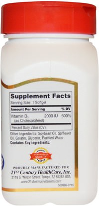 الفيتامينات، فيتامين d3 21st Century, Vitamin D3, 2000 IU, 250 Liquid Softgels