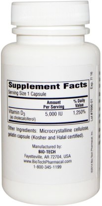 الفيتامينات، فيتامين d3 Bio Tech Pharmacal, Inc, D3-5 Cholecalciferol, 250 Capsules