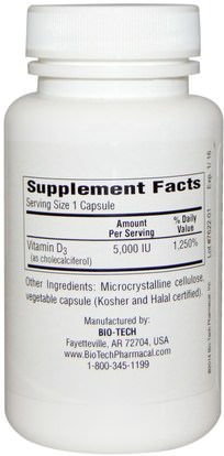 الفيتامينات، فيتامين d3 Bio Tech Pharmacal, Inc, D3-5 Cholecalciferol, 250 Veggie Caps