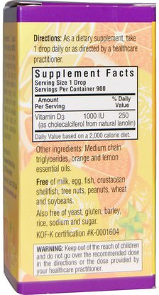الفيتامينات، فيتامين d3 Bluebonnet Nutrition, Liquid Vitamin D3 Drops, Natural Citrus Flavor, 1,000 IU, 1 fl oz (30 ml)