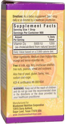 الفيتامينات، فيتامين d3 Bluebonnet Nutrition, Liquid Vitamin D3 Drops, Natural Citrus Flavor, 5,000 IU, 1 fl oz (30 ml)