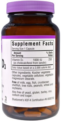 الفيتامينات، فيتامين d3 Bluebonnet Nutrition, Vitamin D3, 1000 IU, 180 Veggie Caps