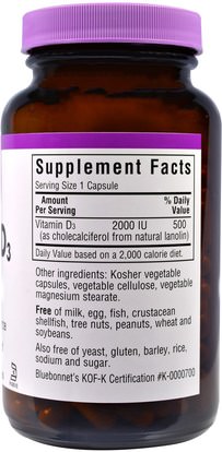 الفيتامينات، فيتامين d3 Bluebonnet Nutrition, Vitamin D3, 2000 IU, 180 Veggie Caps