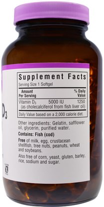 الفيتامينات، فيتامين d3 Bluebonnet Nutrition, Vitamin D3, 5000 IU, 250 Softgels