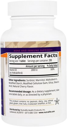 الفيتامينات، فيتامين d3، العظام، هشاشة العظام NutraLife, Vitamin D3, 2000 IU, 200 Easy Chew Tablets