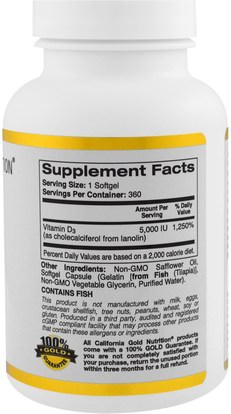 الفيتامينات، فيتامين d3 California Gold Nutrition, CGN, Vitamin D3, 5,000 IU, 360 Fish Gelatin Softgels