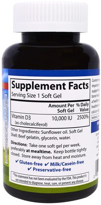 الفيتامينات، فيتامين d3 Carlson Labs, Vitamin D3, 10,000 IU, 120 Soft Gels