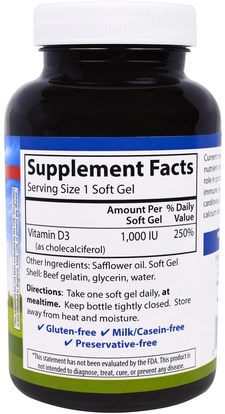 الفيتامينات، فيتامين d3 Carlson Labs, Vitamin D3, 1000 IU, 250 Soft Gels