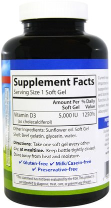 الفيتامينات، فيتامين d3 Carlson Labs, Vitamin D3, 5,000 IU, 360 Soft Gels