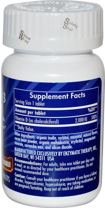 الفيتامينات، فيتامين d3 Enzymatic Therapy, Vitamin D3, Sugar-Free Chocolate, 2,000 IU, 90 Chewable Tablets