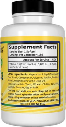 الفيتامينات، فيتامين d3 Healthy Origins, Vegetarian Vitamin D3, 5,000 IU, 180 Veggie Gels