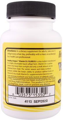 الفيتامينات، فيتامين d3 Healthy Origins, Vitamin D3, 10,000 IU, 30 Softgels