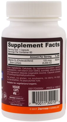 الفيتامينات، فيتامين d3 Jarrow Formulas, Vegan D3, 5000 IU, 60 Veggie Caps
