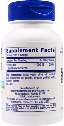 الفيتامينات، فيتامين d3 Life Extension, Vitamin D3, 1000 IU, 250 Softgels