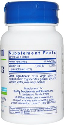 الفيتامينات، فيتامين d3 Life Extension, Vitamin D3, 5,000 IU, 60 Softgels