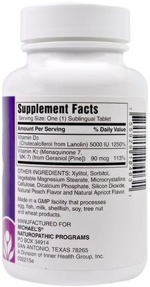 الفيتامينات، فيتامين d3 Michaels Naturopathic, Vitamin D3, with Vitamin K2, Natural Apricot Flavor, 5,000 IU, 90 Sublingual Tablets