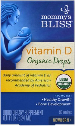 الفيتامينات، فيتامين d3 Mommys Bliss, Vitamin D, Organic Drops, Newborn +, 0.11 fl oz (3.24 ml)