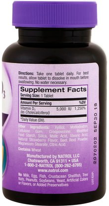 الفيتامينات، فيتامين d3 Natrol, Vitamin D3, Fast Dissolve, Natural Strawberry Flavor, 5,000 IU, 90 Tablets