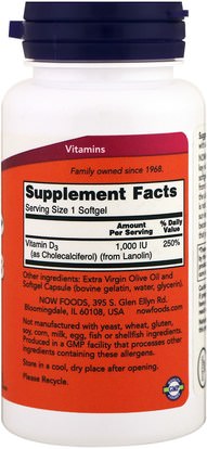 الفيتامينات، فيتامين d3 Now Foods, Vitamin D-3, 1,000 IU, 360 Softgels