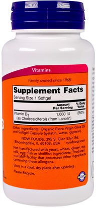 الفيتامينات، فيتامين d3 Now Foods, Vitamin D-3, 1,000 IU, 180 Softgels