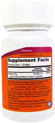 الفيتامينات، فيتامين d3 Now Foods, Vitamin D-3, 10,000 IU, 120 Softgels