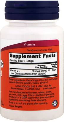 الفيتامينات، فيتامين d3 Now Foods, Vitamin D-3, 2,000 IU, 240 Softgels