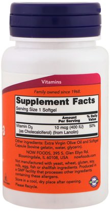 الفيتامينات، فيتامين d3 Now Foods, Vitamin D-3, 400 IU, 180 Softgels